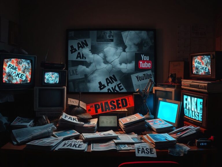 Flick International A cluttered desk filled with newspapers, magazines, and screens depicting distorted media, symbolizing distrust.