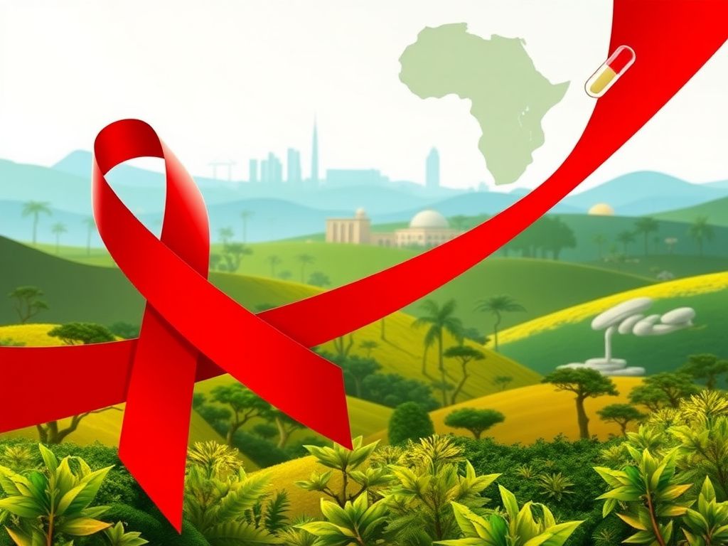 Flick International A vibrant red ribbon symbolizing HIV/AIDS awareness flowing through sub-Saharan African landscapes.