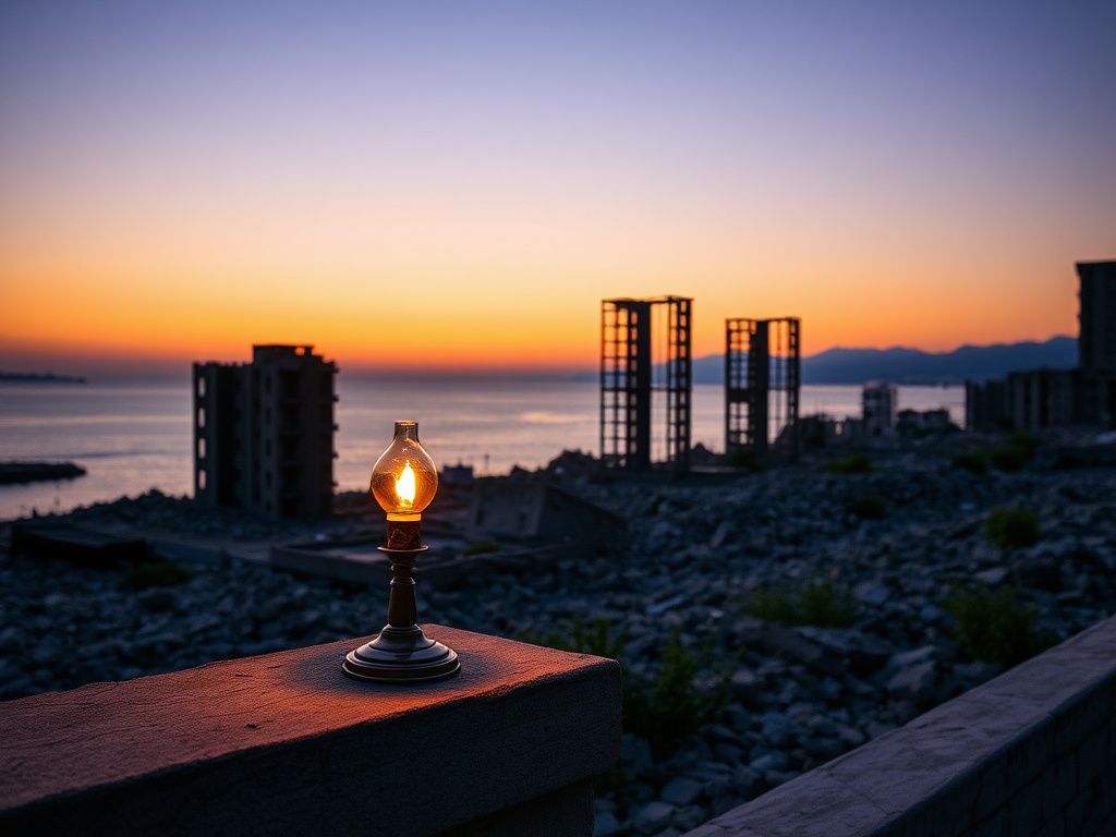Flick International A solemn waterfront scene in Beirut featuring a flickering lamp symbolizing hope amidst destruction