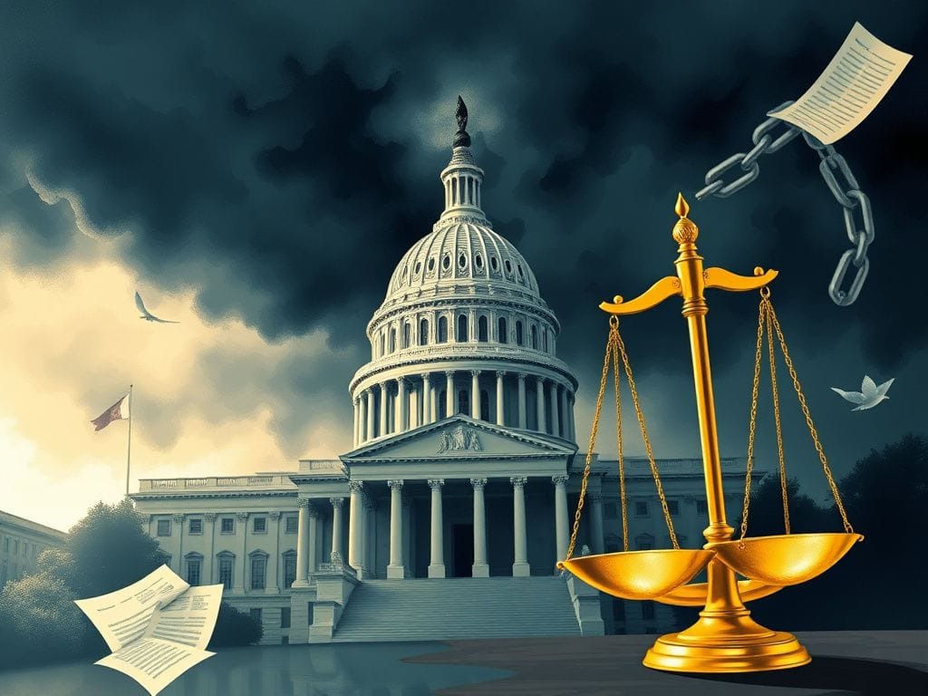 Flick International Illustration of the U.S. Capitol building under a stormy sky with golden scales of justice representing political conflict