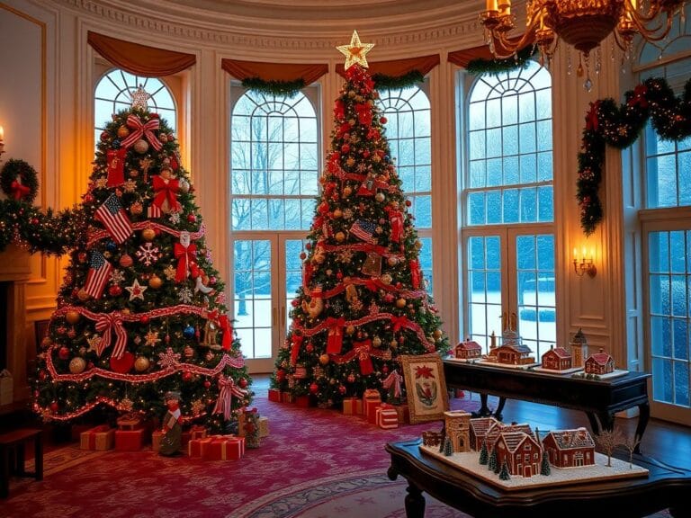 Flick International Beautifully decorated grand room in the White House with a majestic Christmas tree and festive decorations.