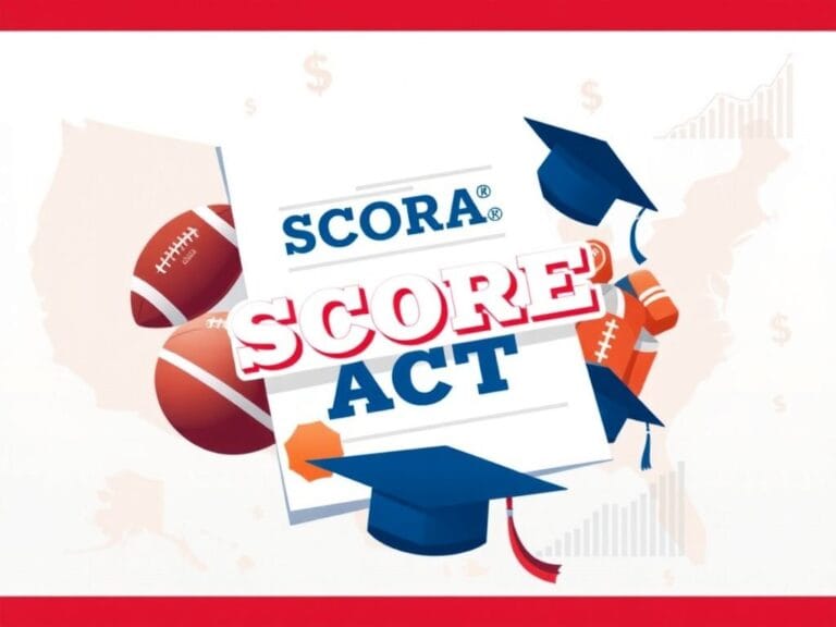Flick International Large stylized document titled 'SCORE Act' surrounded by collegiate sports symbols representing NIL reform.