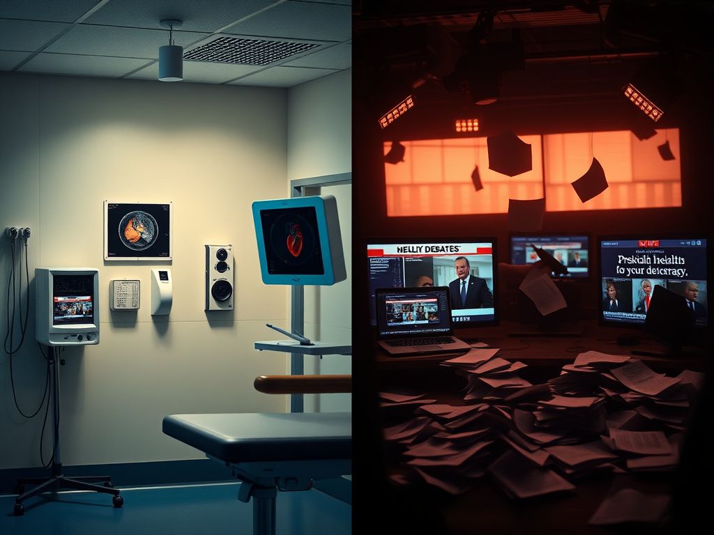 Flick International Tranquil medical examination room contrasted with chaotic newsroom illustrating media scrutiny