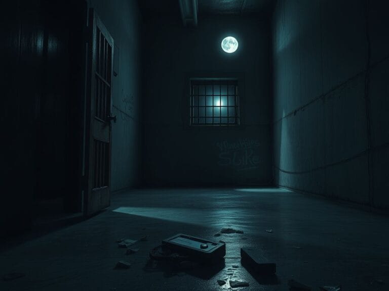 Flick International Dimly lit prison cell door slightly ajar, revealing shadows and confinement.