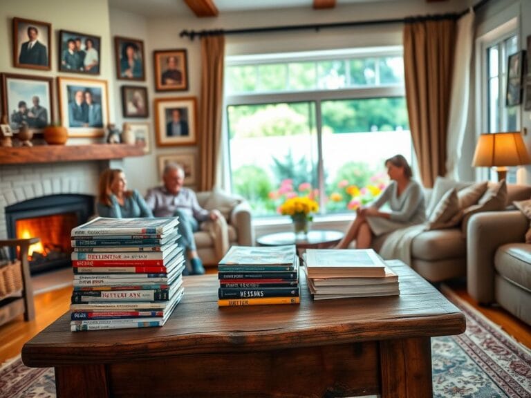 Flick International Cozy family living room with rustic coffee table and political magazines