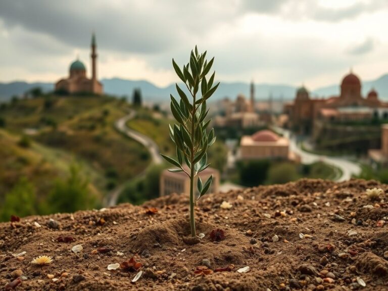 Flick International Olive sapling planted in rich soil symbolizing peace in Lebanon's serene landscape