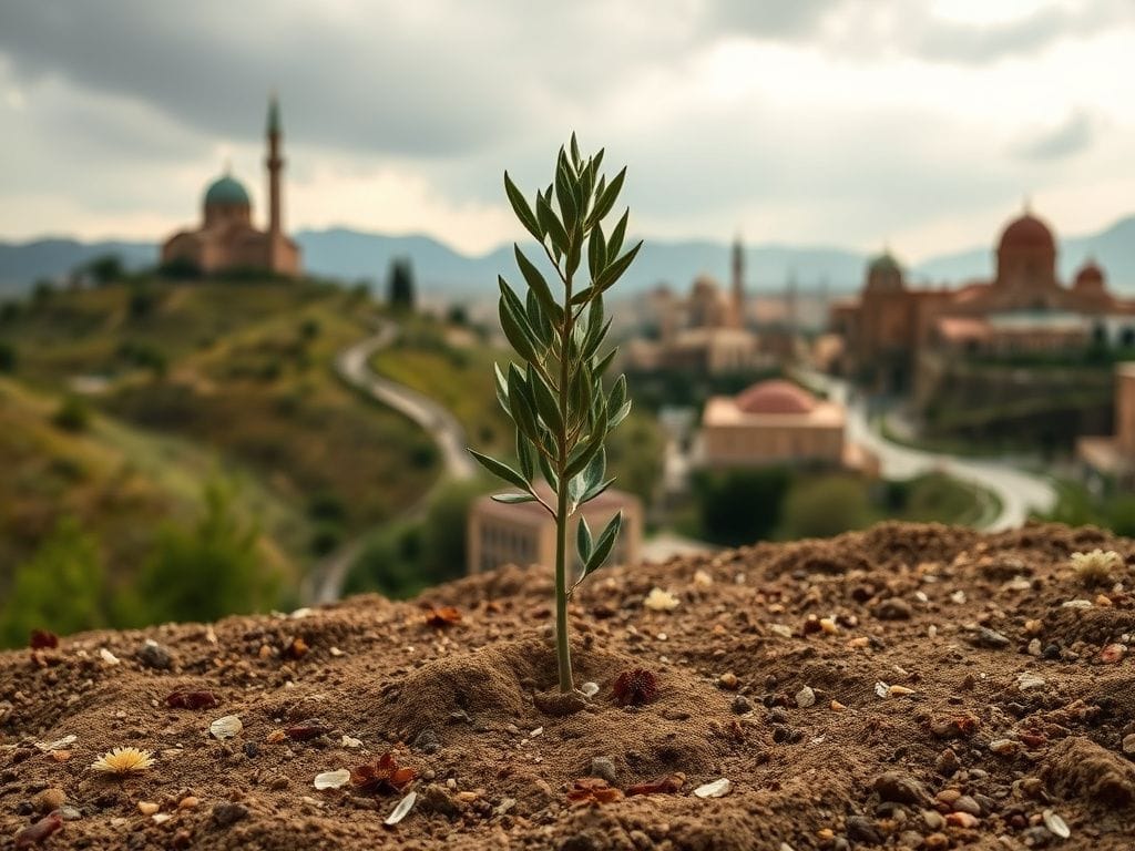 Flick International Olive sapling planted in rich soil symbolizing peace in Lebanon's serene landscape