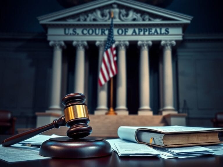 Flick International A courtroom scene depicting a grand building with large pillars and the U.S. flag at half-mast, symbolizing a legal setback.