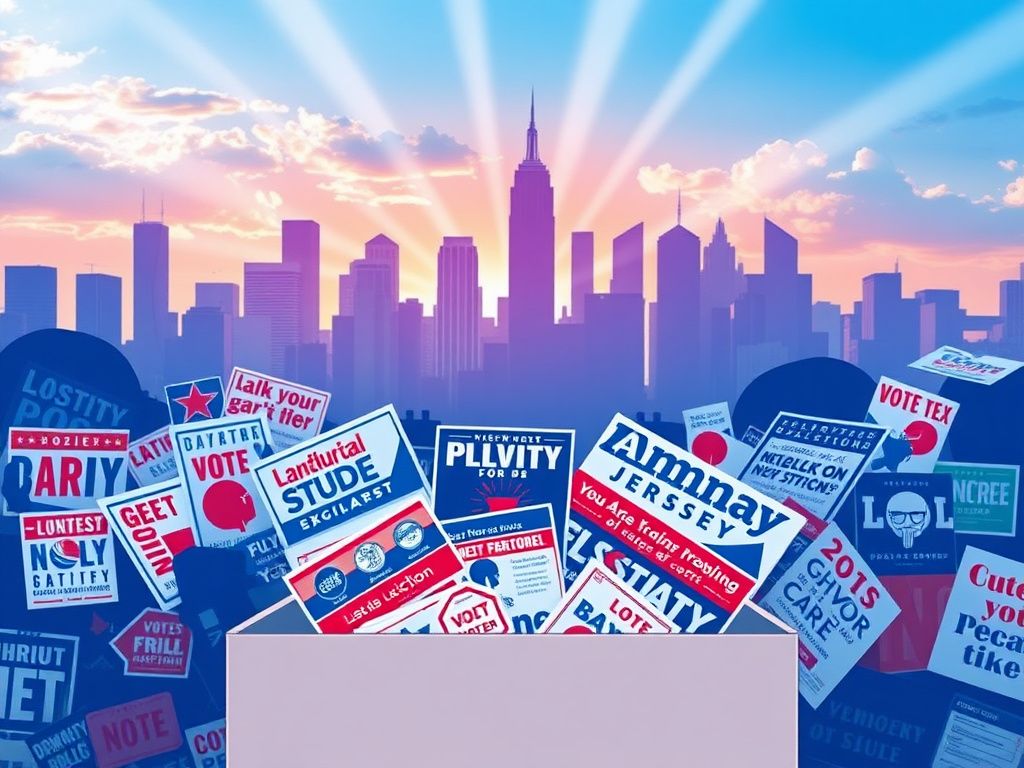 Flick International Vibrant political scene in New Jersey with a ballot box and candidate flyers