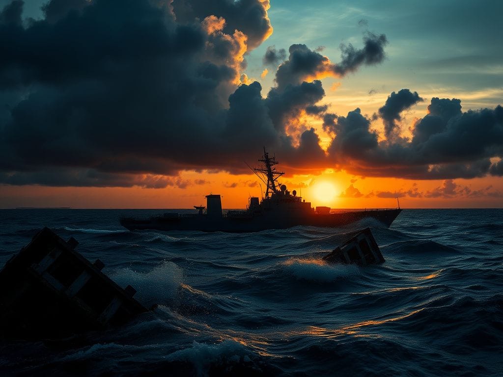 Flick International A large naval warship silhouetted against a dramatic Caribbean sunset with stormy clouds