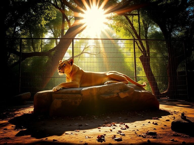 Flick International Majestic lioness lounging in a zoo enclosure under bright sunlight