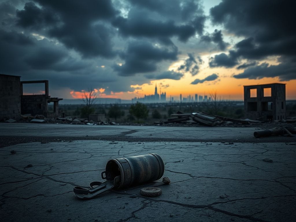 Flick International Somber abandoned urban environment at dusk with remnants of a war-torn structure