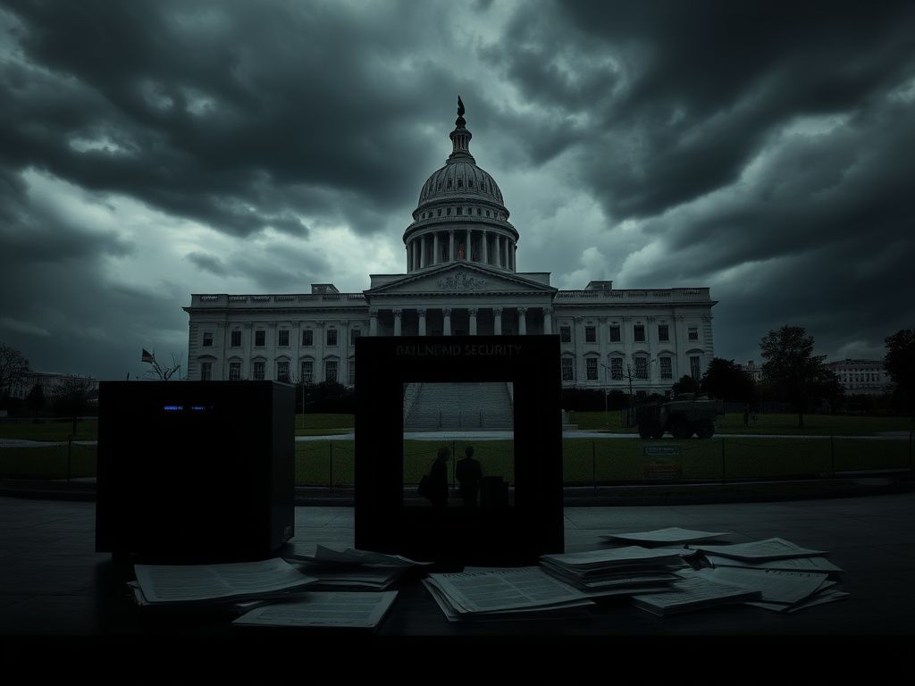Flick International Biometric scanning station with scattered documents at a government building symbolizing vetting processes for Afghan evacuees