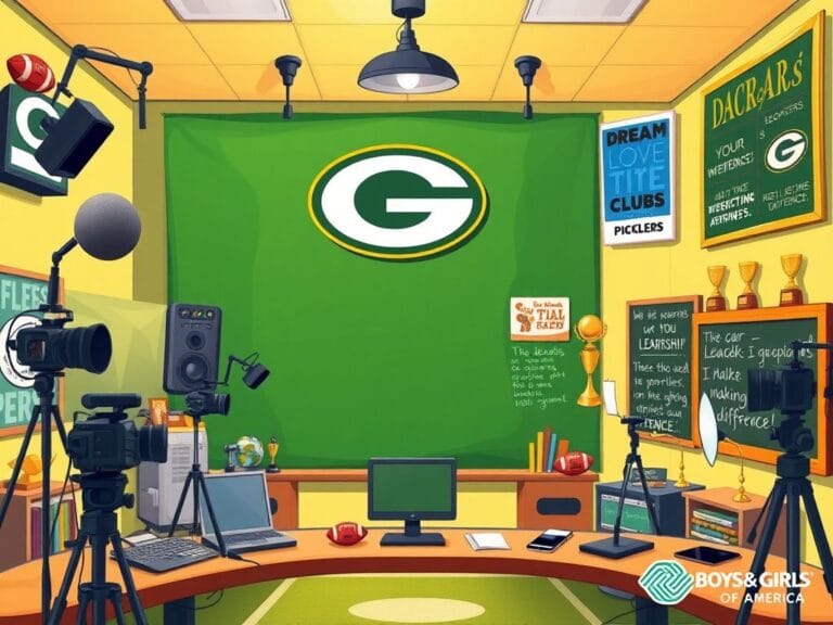 Flick International A vibrant sports broadcasting studio with microphones, cameras, and memorabilia, supporting a young broadcaster's dreams.