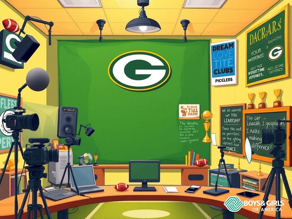 Flick International A vibrant sports broadcasting studio with microphones, cameras, and memorabilia, supporting a young broadcaster's dreams.