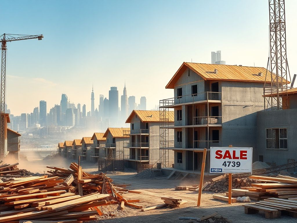 Flick International Construction site in a busy city showing scaffolding and unfinished homes