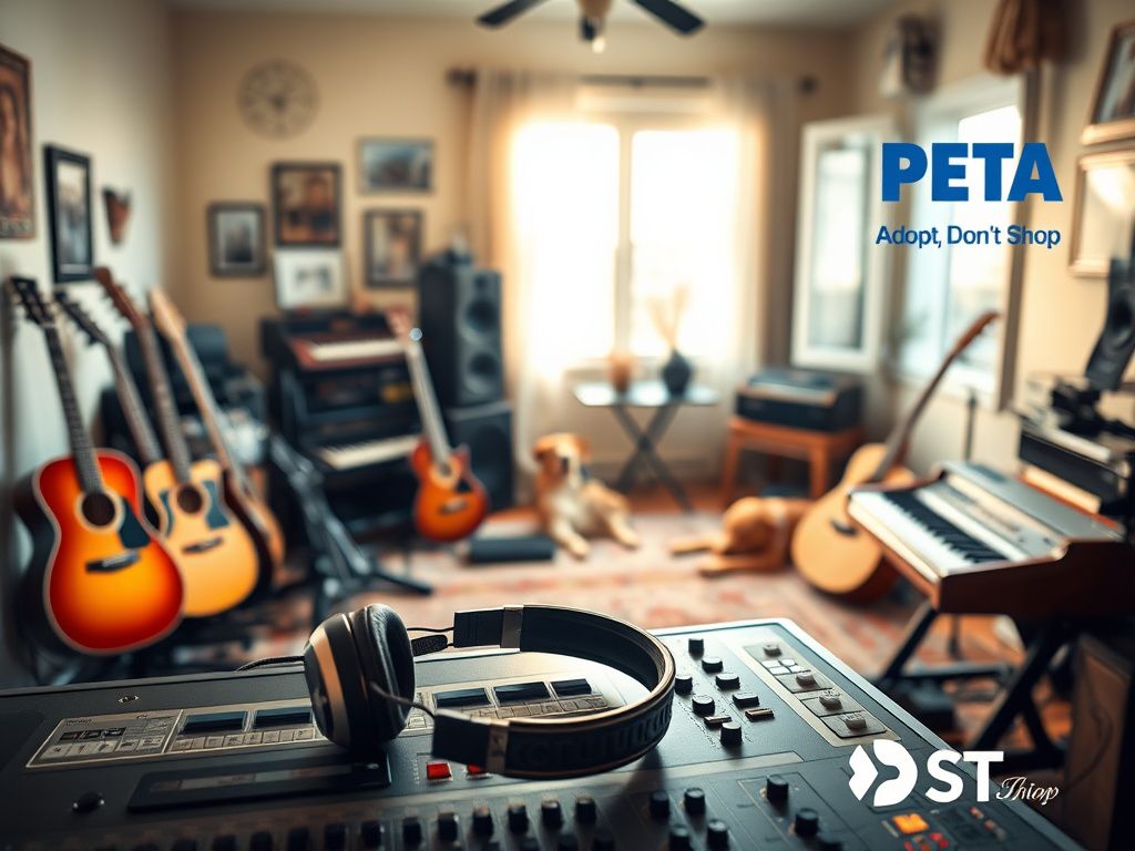 Flick International A serene home studio filled with musical instruments and warm light