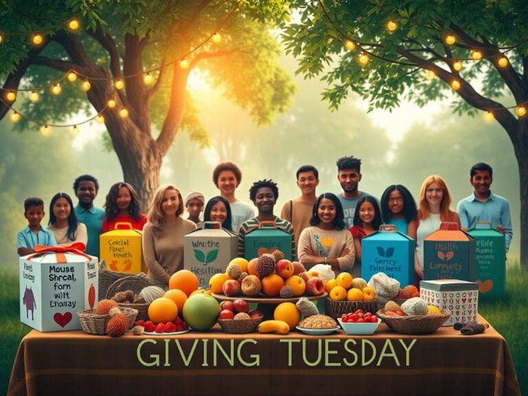 Flick International A serene landscape depicting a diverse community celebrating Giving Tuesday with a table of vibrant fruits and homemade goods.