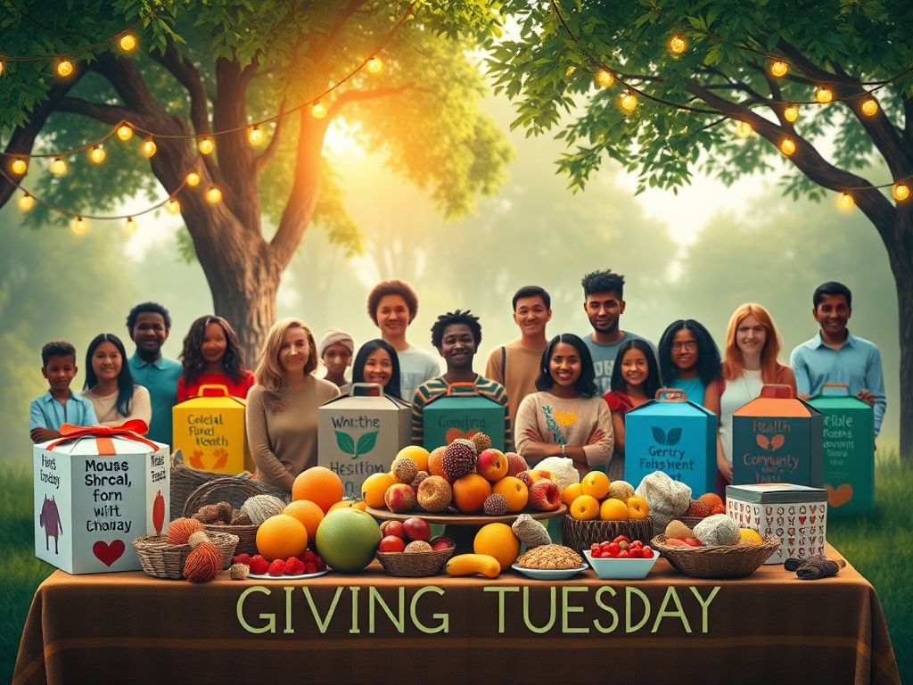 Flick International A serene landscape depicting a diverse community celebrating Giving Tuesday with a table of vibrant fruits and homemade goods.
