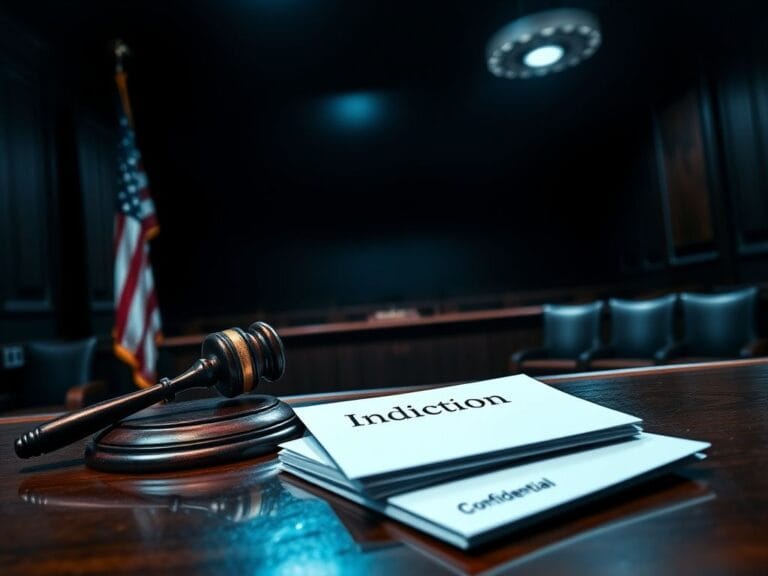 Flick International Dramatic courtroom scene with a gavel and legal documents labeled 'Indictment'