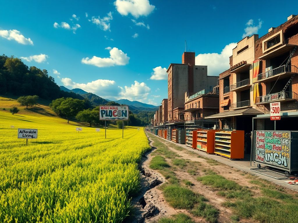 Flick International A dramatic image contrasting vibrant fields of prosperity with a stark urban landscape of economic struggle