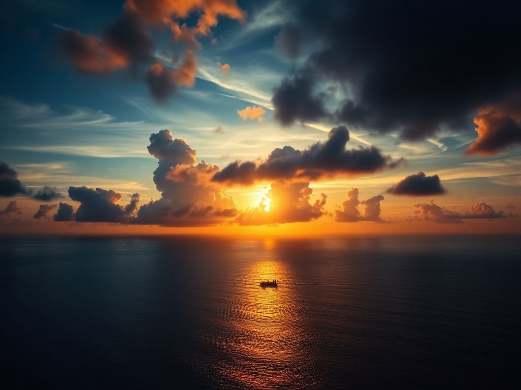 Flick International Aerial view of the Caribbean sea at sunset with a silhouette of a small boat and military drone overlay