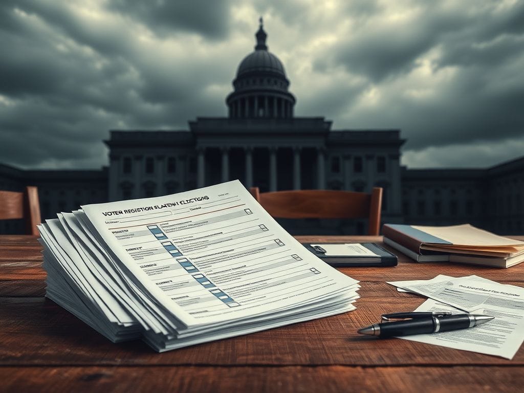Flick International Weathered wooden desk with unredacted voter registration documents showcasing 'U.S. Citizen' checkbox in blue ink