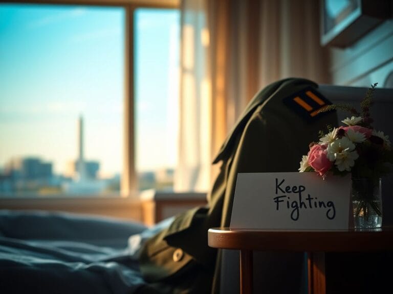 Flick International Close-up of a military uniform draped over a chair in a serene hospital room