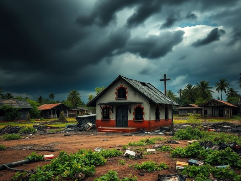 Flick International Aftermath of an attack on a Christian village in Nigeria with a charred church and burned homes