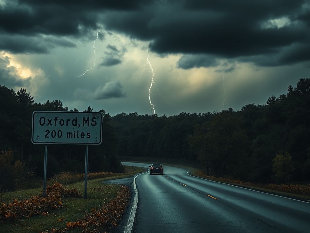 Flick International A solitary car on a winding road leaving Oxford, MS, surrounded by dense trees and a stormy sky