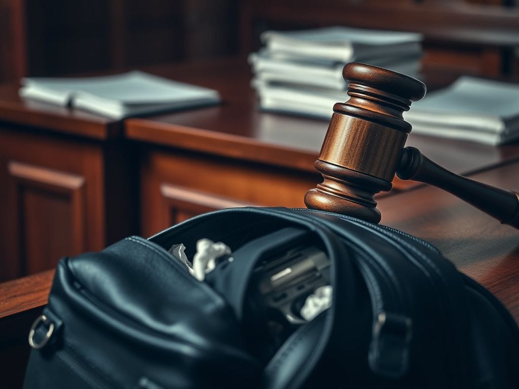 Flick International Dark courtroom scene with judge's gavel and a black leather backpack showing hints of ominous objects.