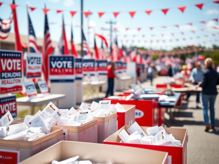Flick International Bustling polling station in suburban Tennessee on a sunny day with vibrant campaign signage