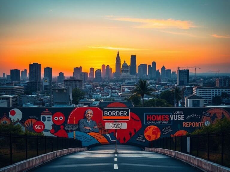 Flick International A vibrant urban landscape at sunset with cultural motifs representing Indian-American identity