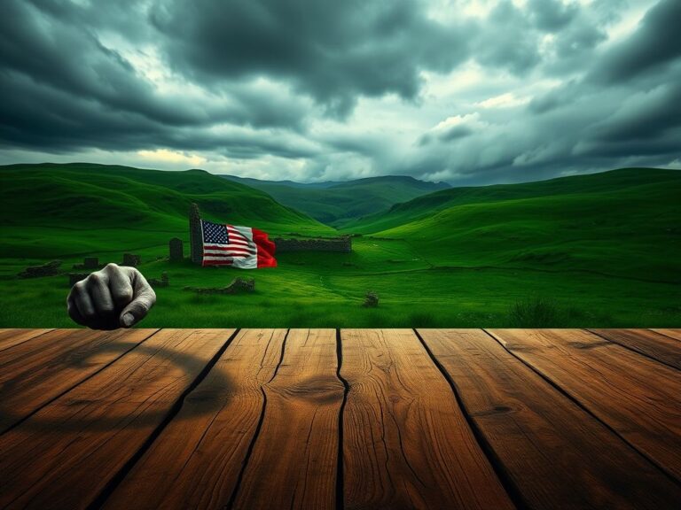 Flick International Surreal Irish countryside landscape with green hills and ancient stone ruins symbolizing transition