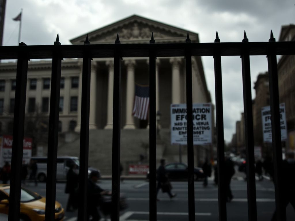 Flick International somber urban landscape of New York City with a government building and prison bars depicting immigration policy tension