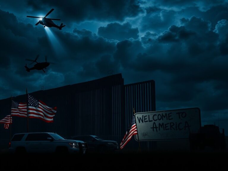 Flick International Dark and stormy night scene of a dilapidated border wall illuminated by a helicopter spotlight