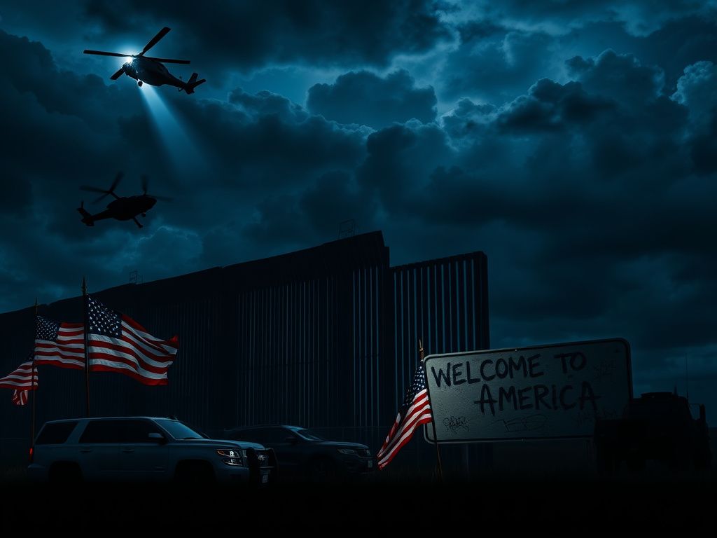 Flick International Dark and stormy night scene of a dilapidated border wall illuminated by a helicopter spotlight