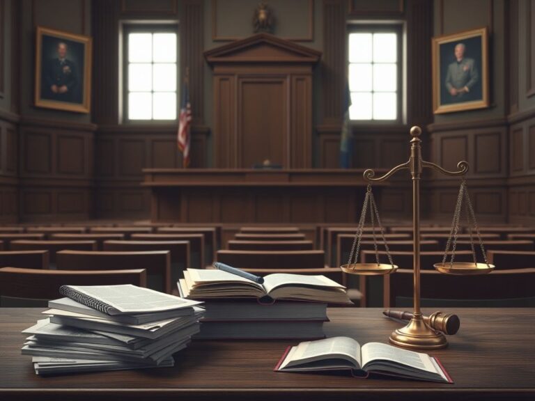 Flick International Courtroom scene illustrating judicial authority with wooden benches and a gavel