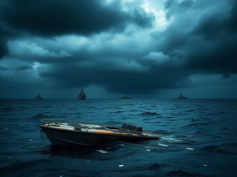 Flick International A dark, stormy Caribbean sea with a charred wreck of a speedboat, symbolizing military operations against drug trafficking.