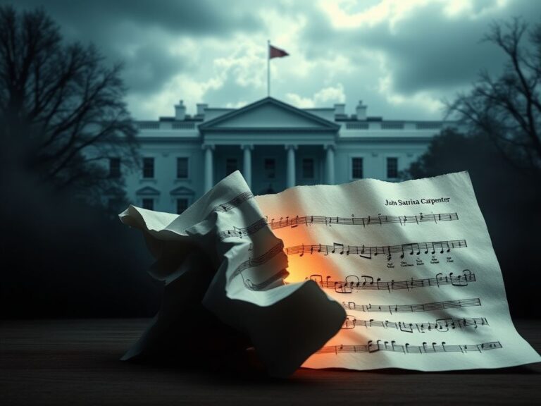 Flick International A crumpled music sheet with notes from Sabrina Carpenter's song 'Juno' contrasted against the silhouette of the White House.