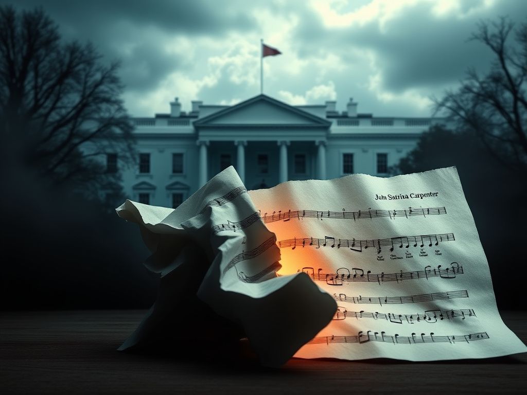 Flick International A crumpled music sheet with notes from Sabrina Carpenter's song 'Juno' contrasted against the silhouette of the White House.