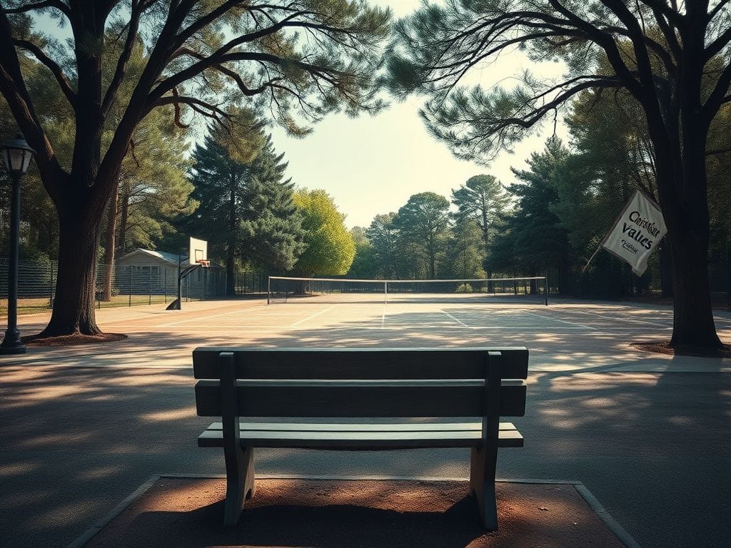 Flick International A serene school playground with a worn-down basketball court and a neglected tennis court surrounded by tall trees.