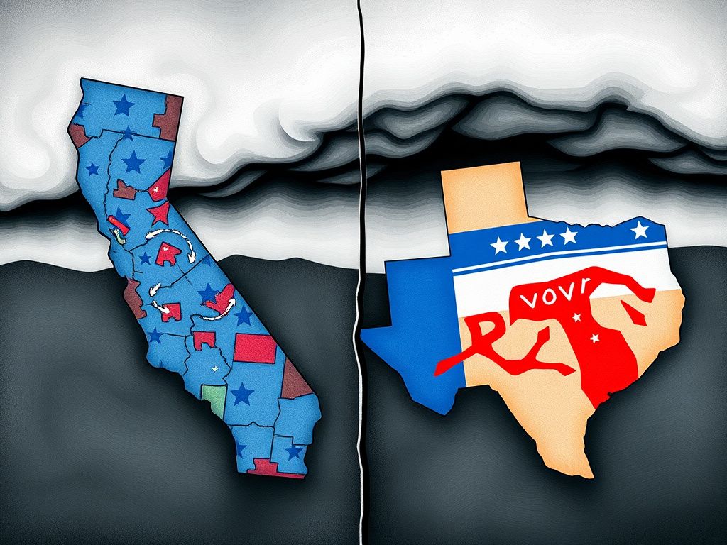 Flick International Illustration showing a divided political landscape between California and Texas, highlighting redistricting maps and symbols.