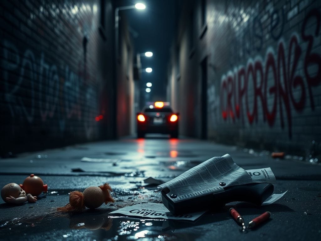 Flick International A somber city alleyway at night with shadows and discarded items symbolizing lawlessness and crime.