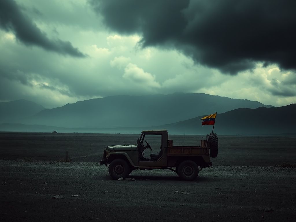 Flick International A stylized representation of a desolate Venezuelan landscape with an empty military vehicle under a stormy sky