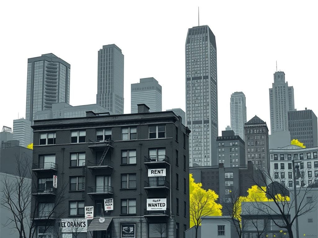 Flick International Dilapidated apartment building in front of modern skyscrapers showcasing urban housing challenges
