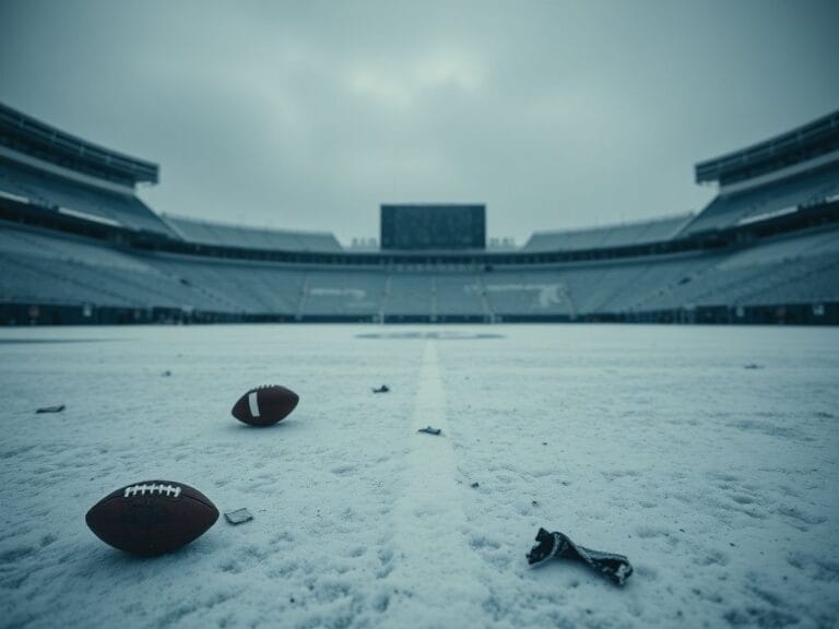 Flick International Empty snowy football field featuring the Pittsburgh Steelers logo, under a gray sky