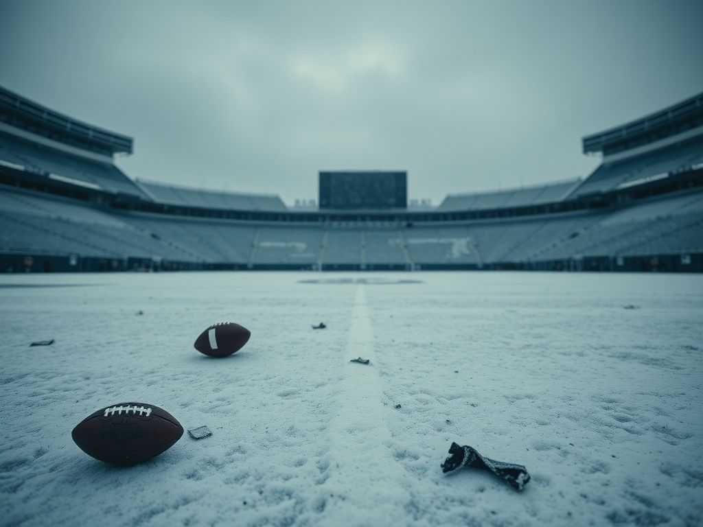 Flick International Empty snowy football field featuring the Pittsburgh Steelers logo, under a gray sky