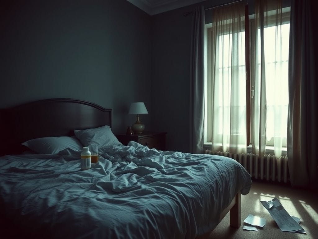 Flick International Dimly lit bedroom scene with unmade bed and disturbing atmosphere