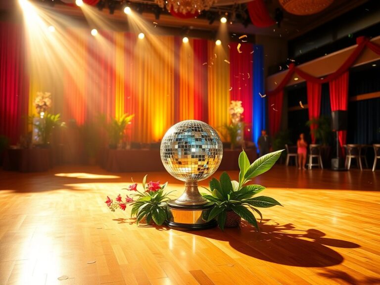 Flick International A dazzling Mirrorball Trophy surrounded by tropical plants and colorful stage curtains